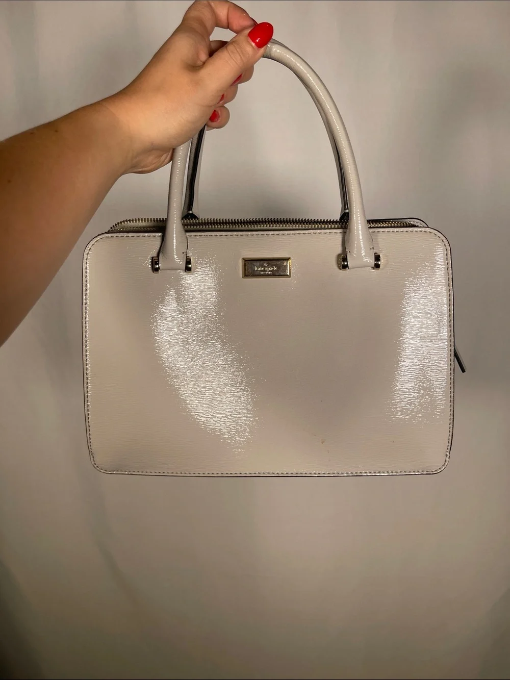 KATE SPADE WOMENS LISE PATENT LEATHER SATCHEL LIGHT GRAY